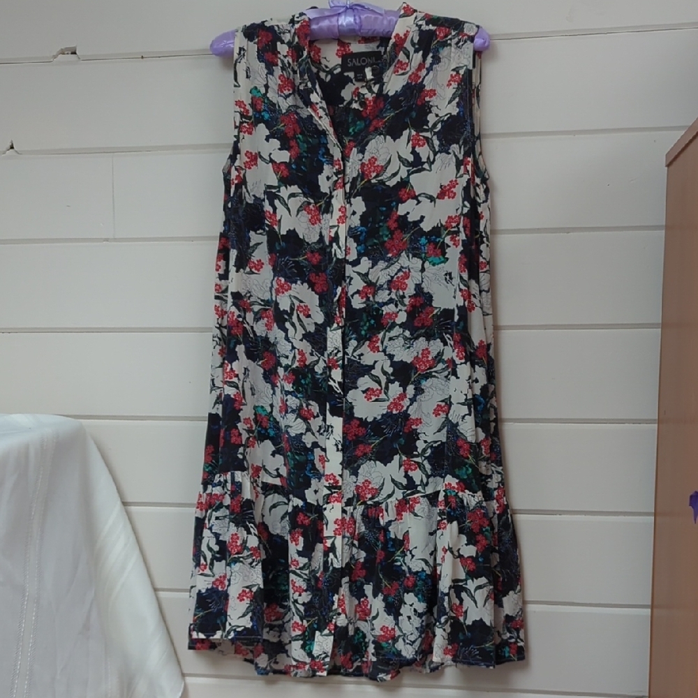 SALONI Pink and White Sleeveless Midi Dress with Mandarin Collar